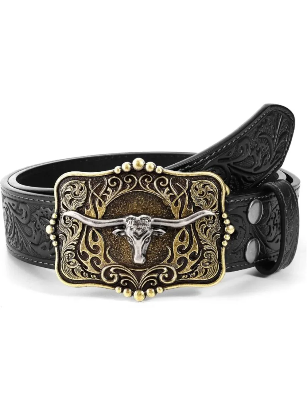 Stylish Embossed Leather Cowboy Western Belt for Men & Women with Longhorn